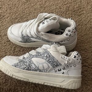 White and Silver Glitter Sneakers with Studs